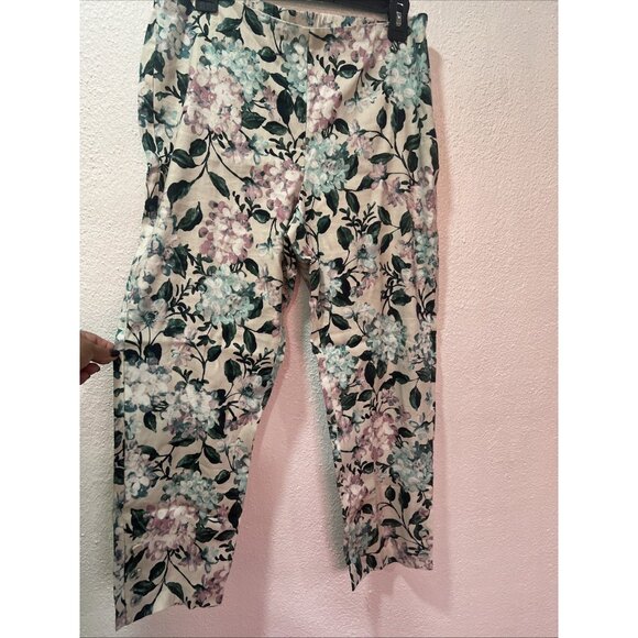 J Jill Linen Stretch Crop Pants Womens M Petite Floral Button Ankle Side Zip - Picture 1 of 11
